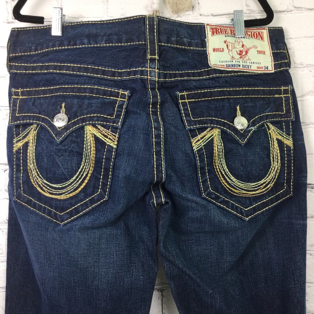 True Religion Rainbow Ricky Men's Dark Wash Straight Leg Flap Pockets Jeans 36 - Picture 4 of 14